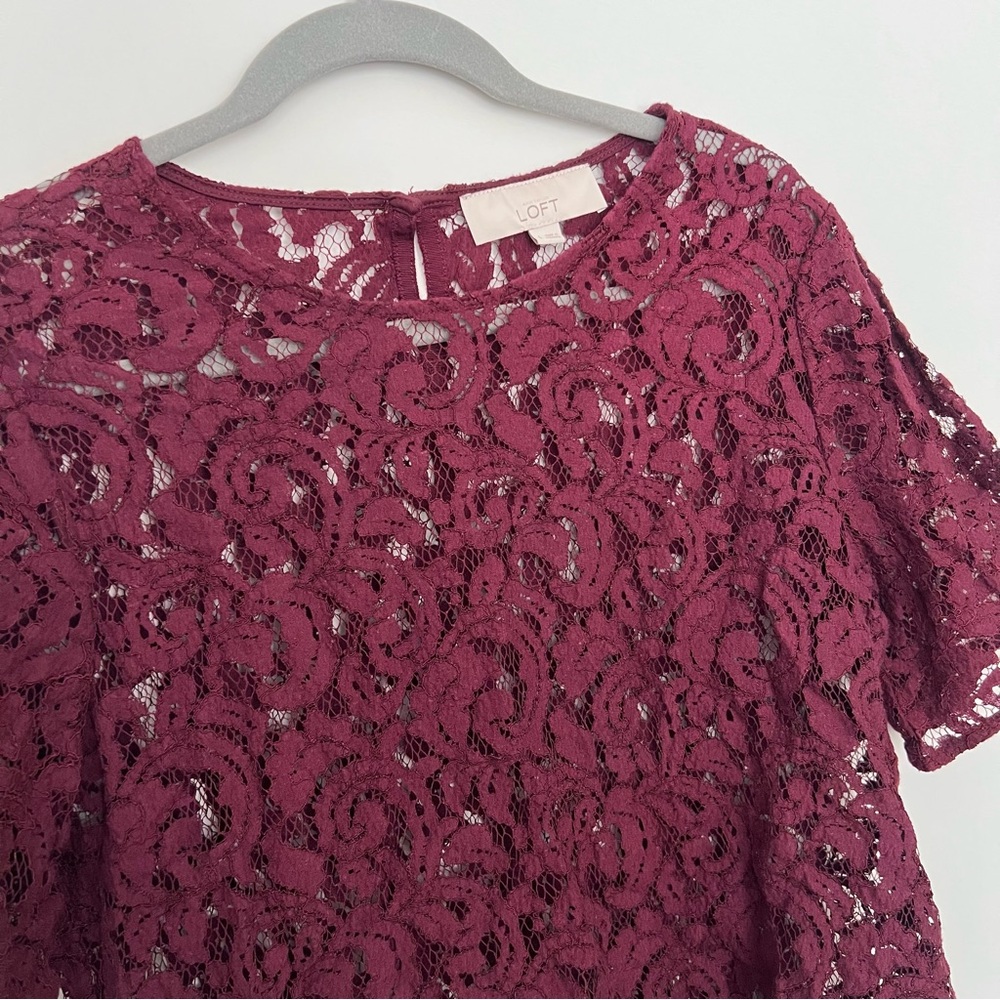 LOFT Women's Floral Lace Blouse - burgundy color with back button closure.